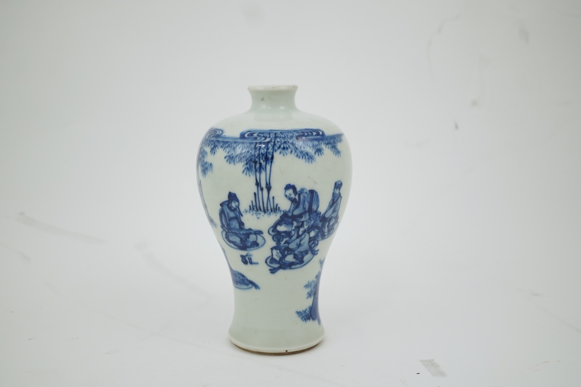 A Chinese inscribed blue and white ‘seven sages of the bamboo grove’ meiping, Kangxi period (1662-1722)